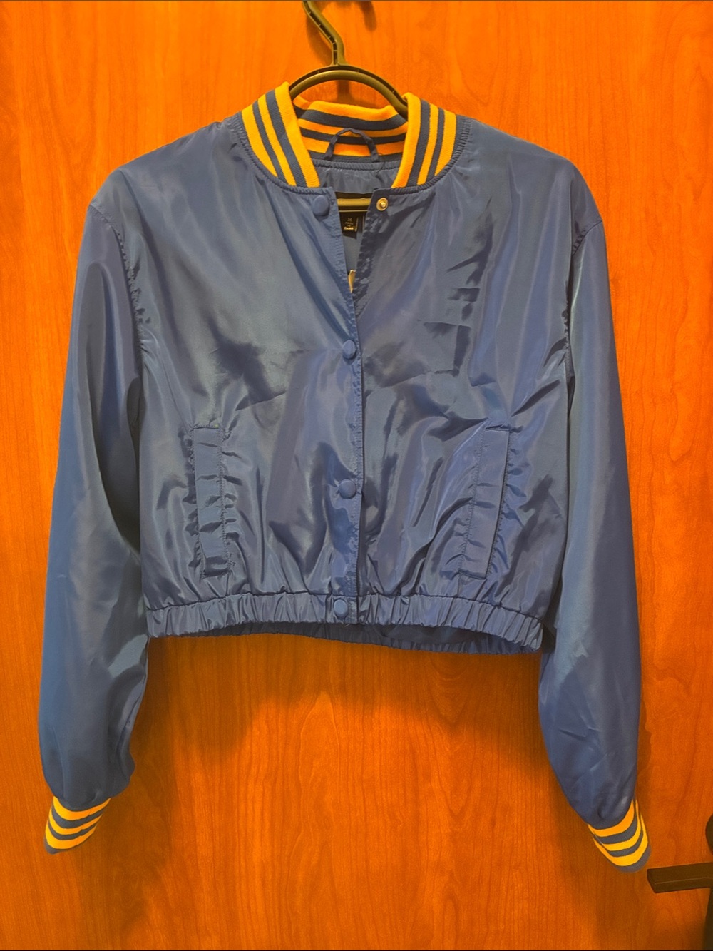 New Look Blue Bomber Jacket with Yellow Stripe Trim